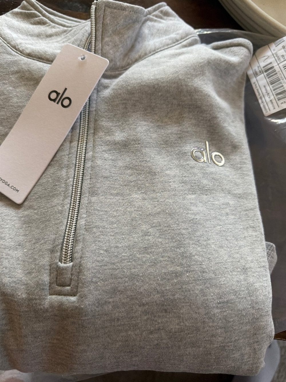 ALO Yoga Men's Light Gray Zip-Up Sweater with Subtle Logo